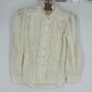 Sundance off white ruffle Swiss dot button front blouse top